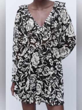 Zara Black and White Floral Mini Dress